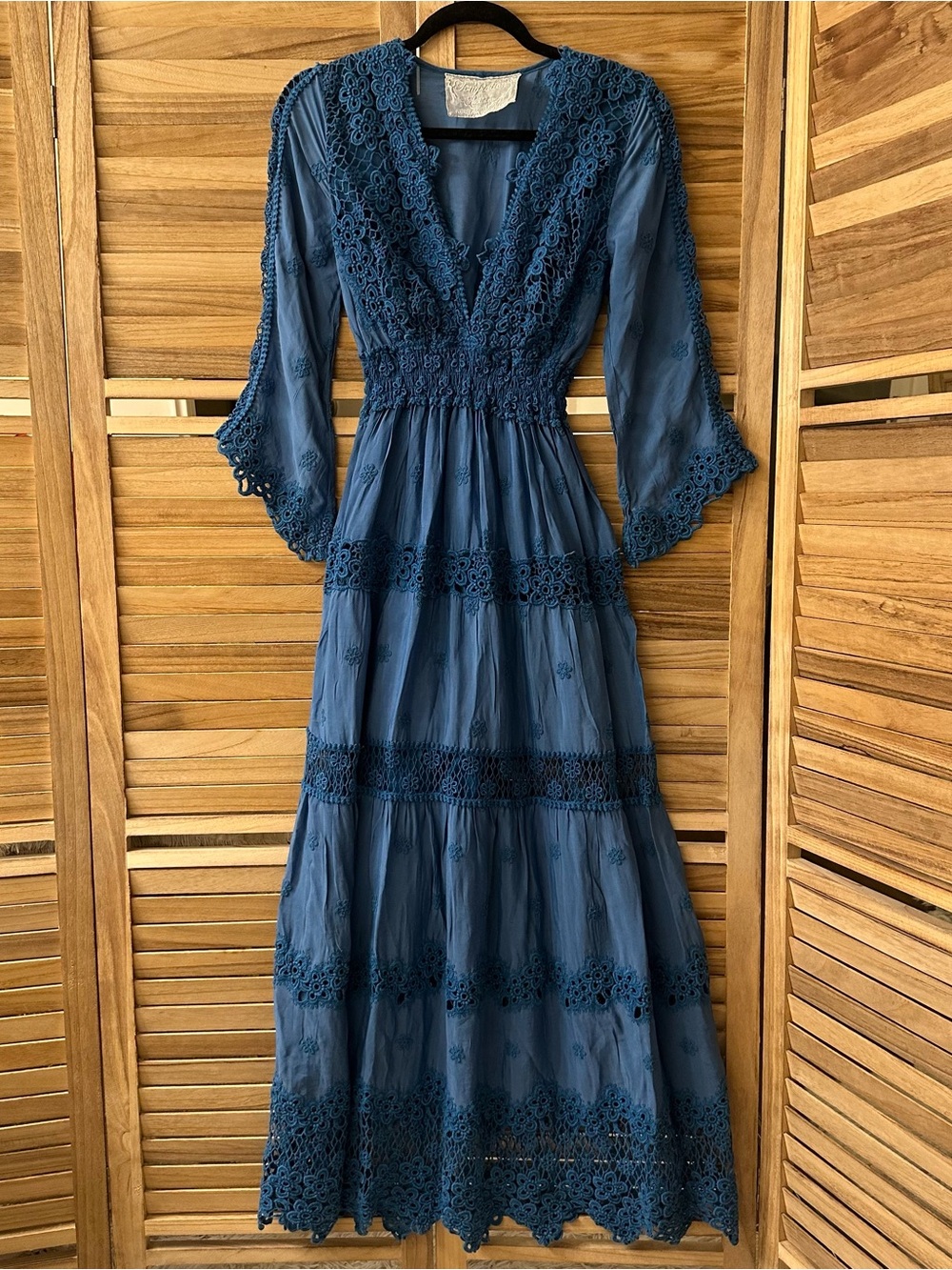 Temptation Positano  V-Neck Maxi Dress with Lace details in blue size S
